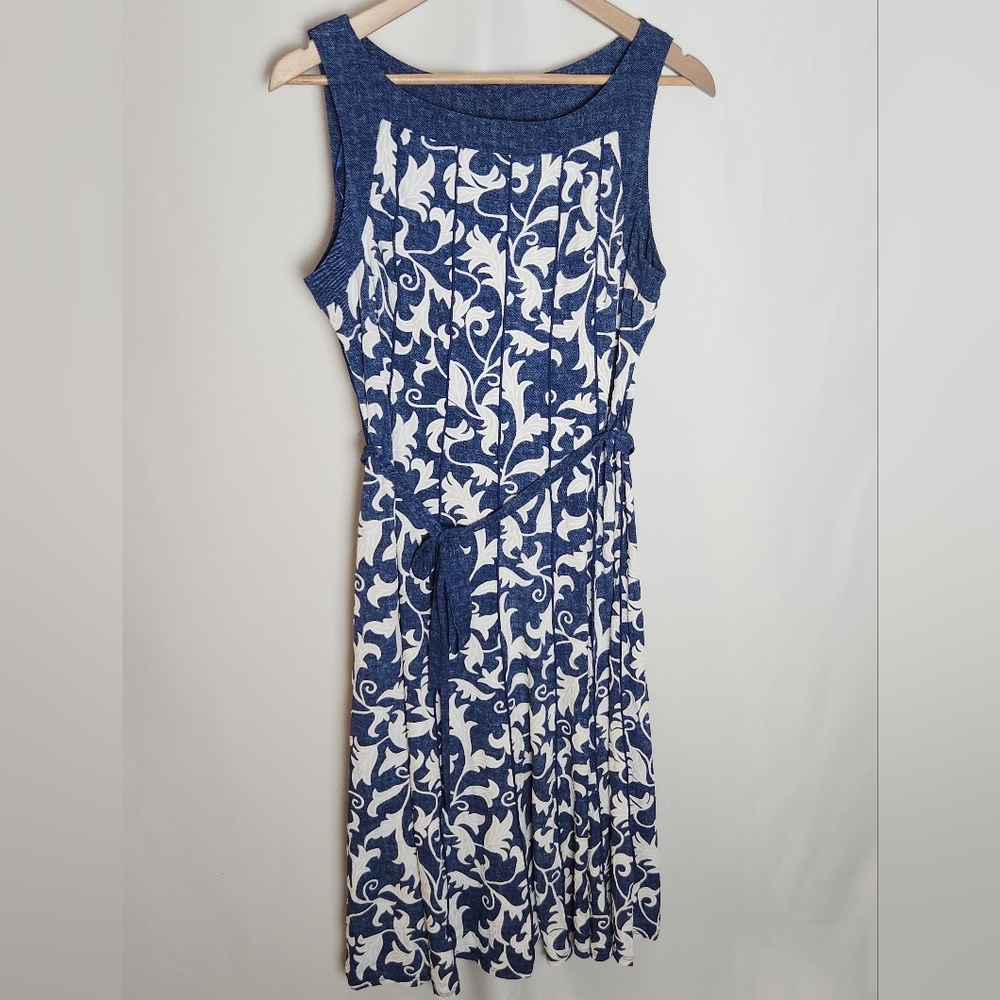 PERCEPTIONS PETITE SZ PL DENIM/WHITE FLORAL FIT N FLARE FABRIC BELTED DRESS